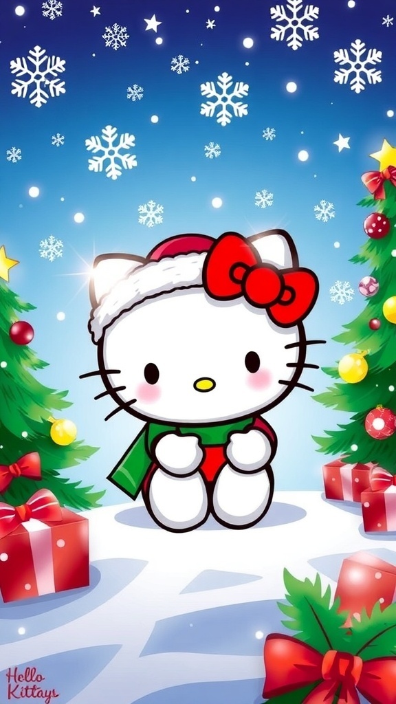 Hello Kitty Christmas Wallpaper Aesthetic Hello Kitty Christmas wallpaper with snowflakes and Christmas trees.